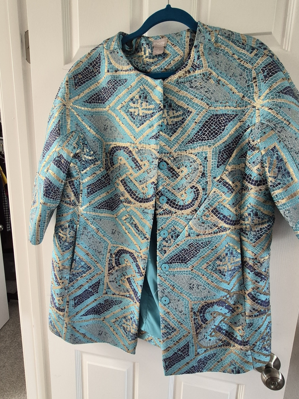 Chico's Turquoise Patterned Brocade Coat